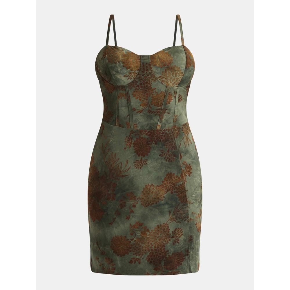 Madden NYC‎ Floral Corset Mini Dress Olive Green Boned Bodice 16/18 XL /#26207